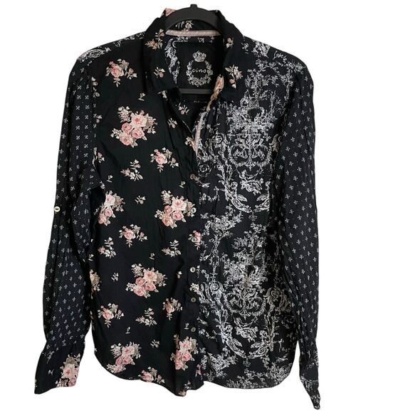 Cino Crinkle Button Up Blouse Long Sleeves Cotton Roll Tabs Sz L Shabby Chic - Picture 1 of 16